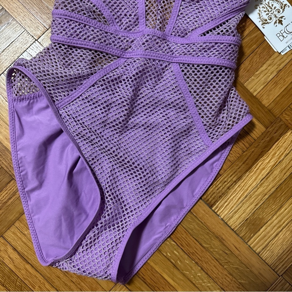 Becca Color Play Deep V Neck One Piece Swimsuit, Purple, Small NWT - Picture 3 of 6